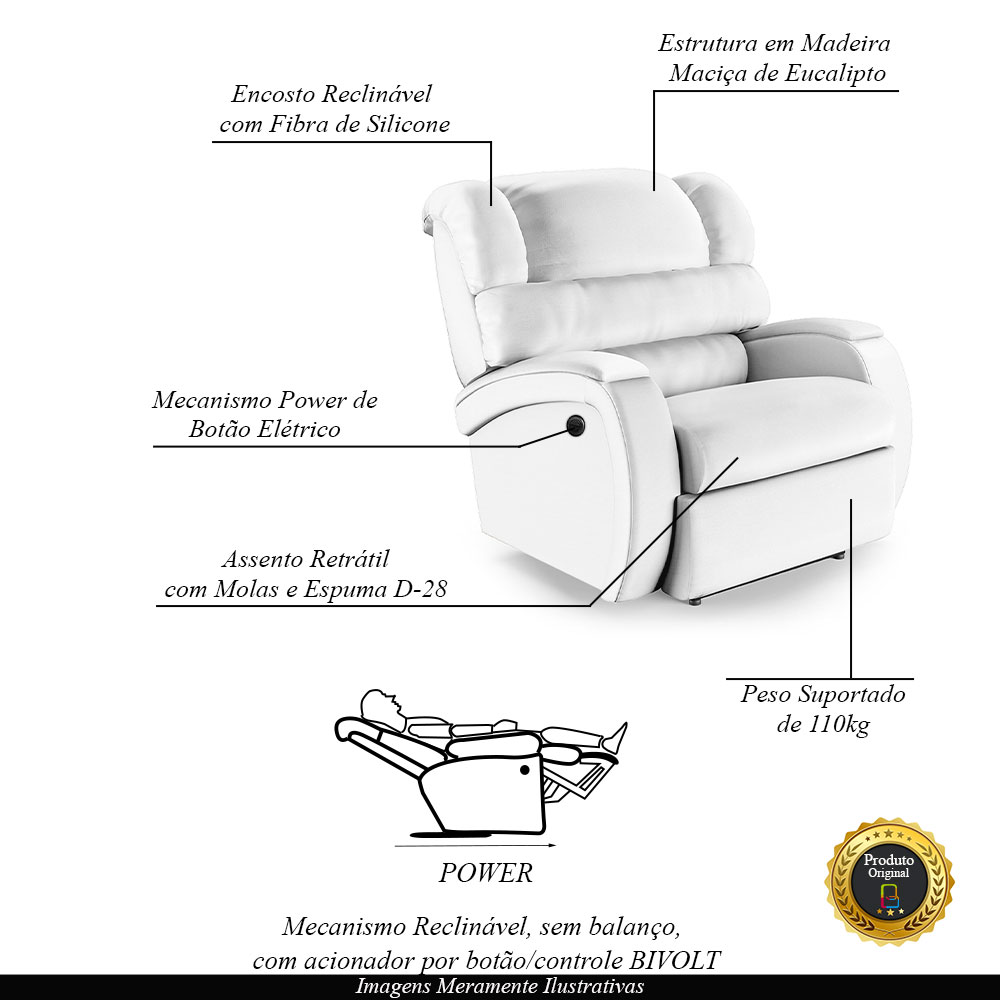 Poltrona do Papai Sala de Cinema Reclinável Kylie Power Elétrica PU Branco G23