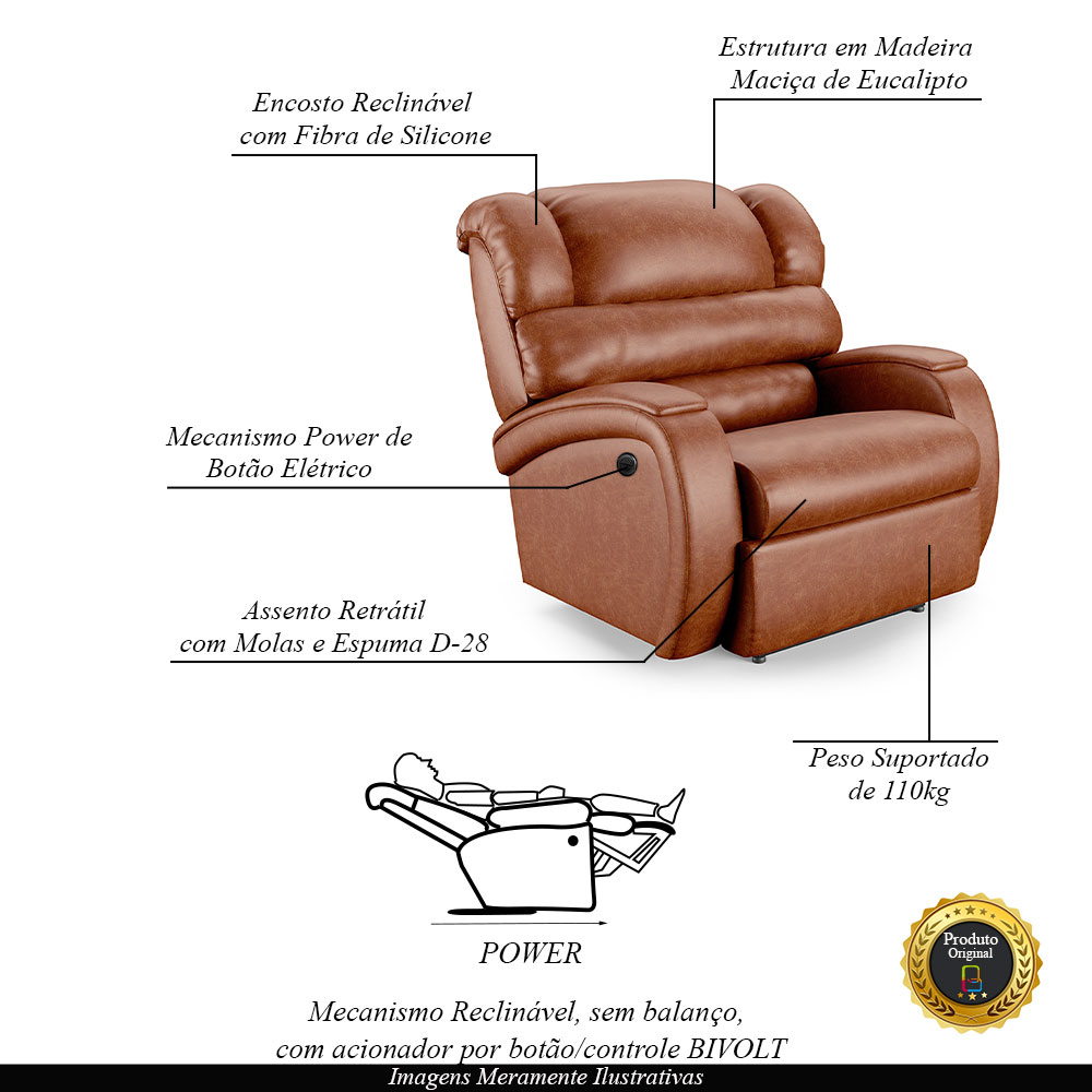 Poltrona do Papai Sala de Cinema Reclinável Kylie Power Elétrica PU Caramelo Brilho G23