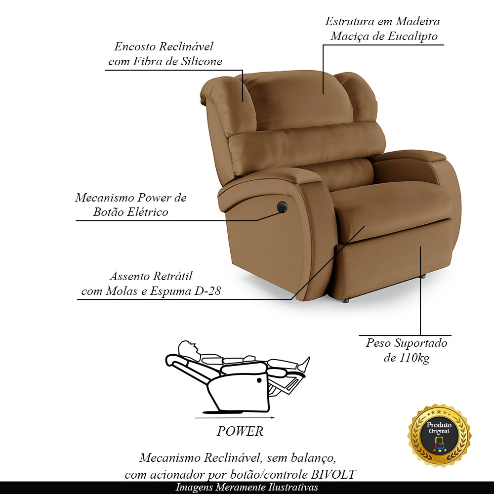 Poltrona do Papai Sala de Cinema Reclinável Kylie Power Elétrica PU Caramelo G23