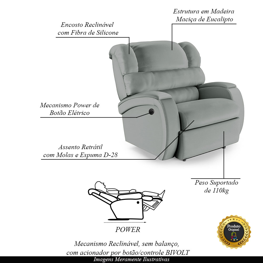 Poltrona do Papai Sala de Cinema Reclinável Kylie Power Elétrica PU Cinza G23