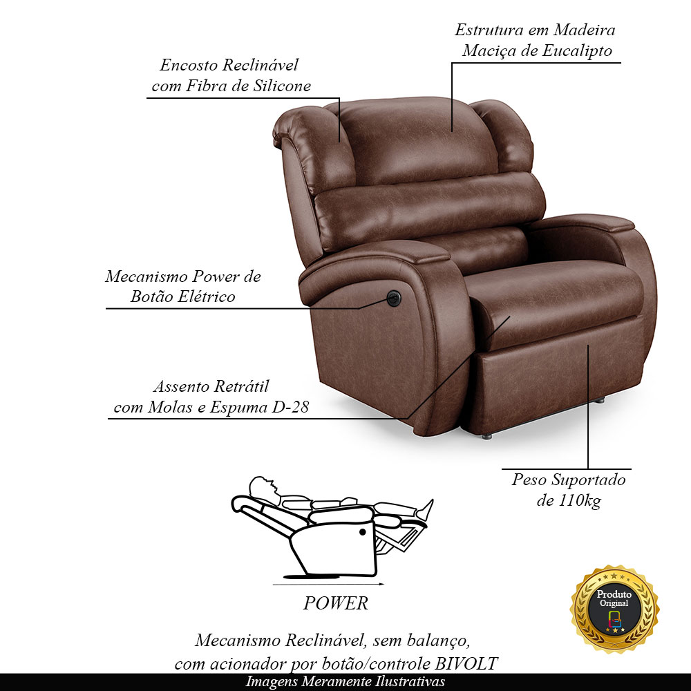Poltrona do Papai Sala de Cinema Reclinável Kylie Power Elétrica PU Marrom Brilho G23