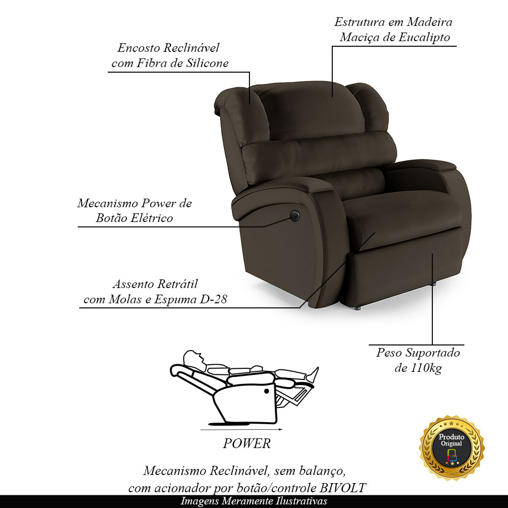 Poltrona do Papai Sala de Cinema Reclinável Kylie Power Elétrica PU Marrom G23