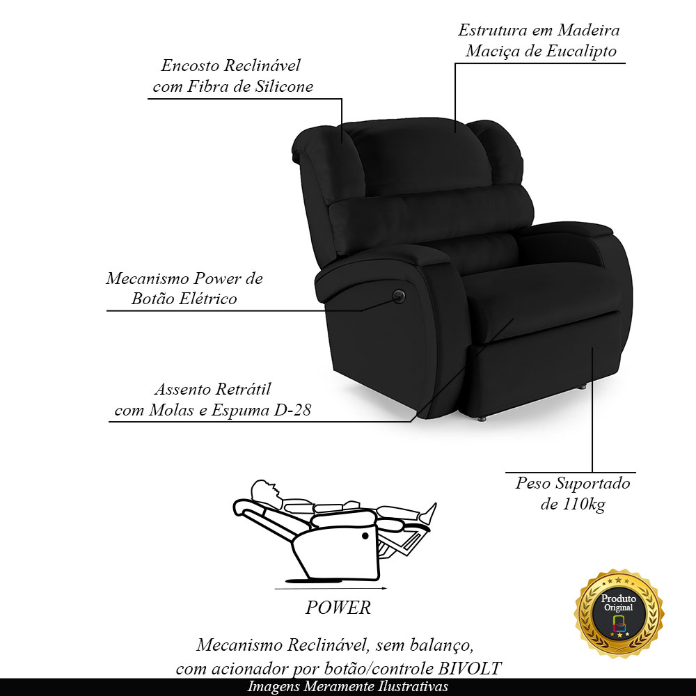 Poltrona do Papai Sala de Cinema Reclinável Kylie Power Elétrica PU Preto G23