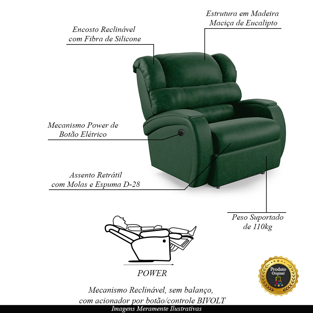 Poltrona do Papai Sala de Cinema Reclinável Kylie Power Elétrica PU Verde Musgo G23