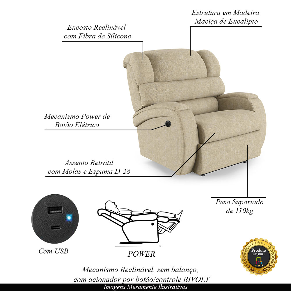 Poltrona do Papai Sala de Cinema Reclinável Kylie Power Elétrica USB Linho Bege G23
