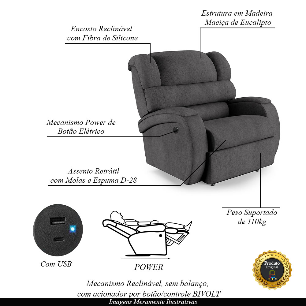 Poltrona do Papai Sala de Cinema Reclinável Kylie Power Elétrica USB Linho Chumbo G23