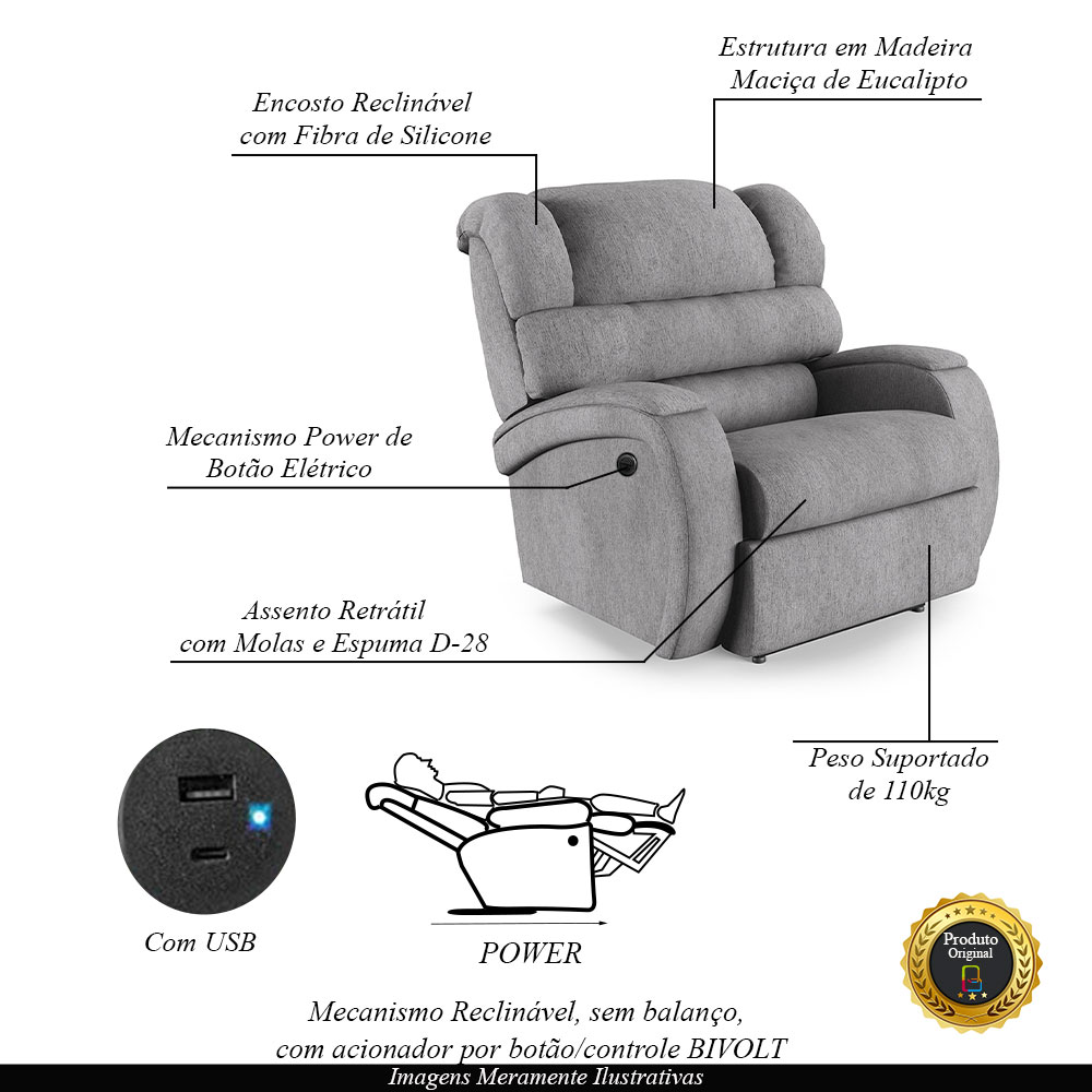 Poltrona do Papai Sala de Cinema Reclinável Kylie Power Elétrica USB Linho Cinza G23