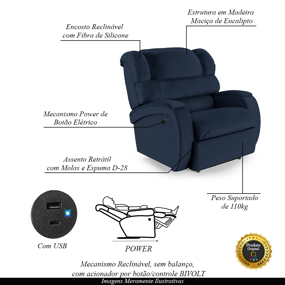 Poltrona do Papai Sala de Cinema Reclinável Kylie Power Elétrica USB PU Azul G23