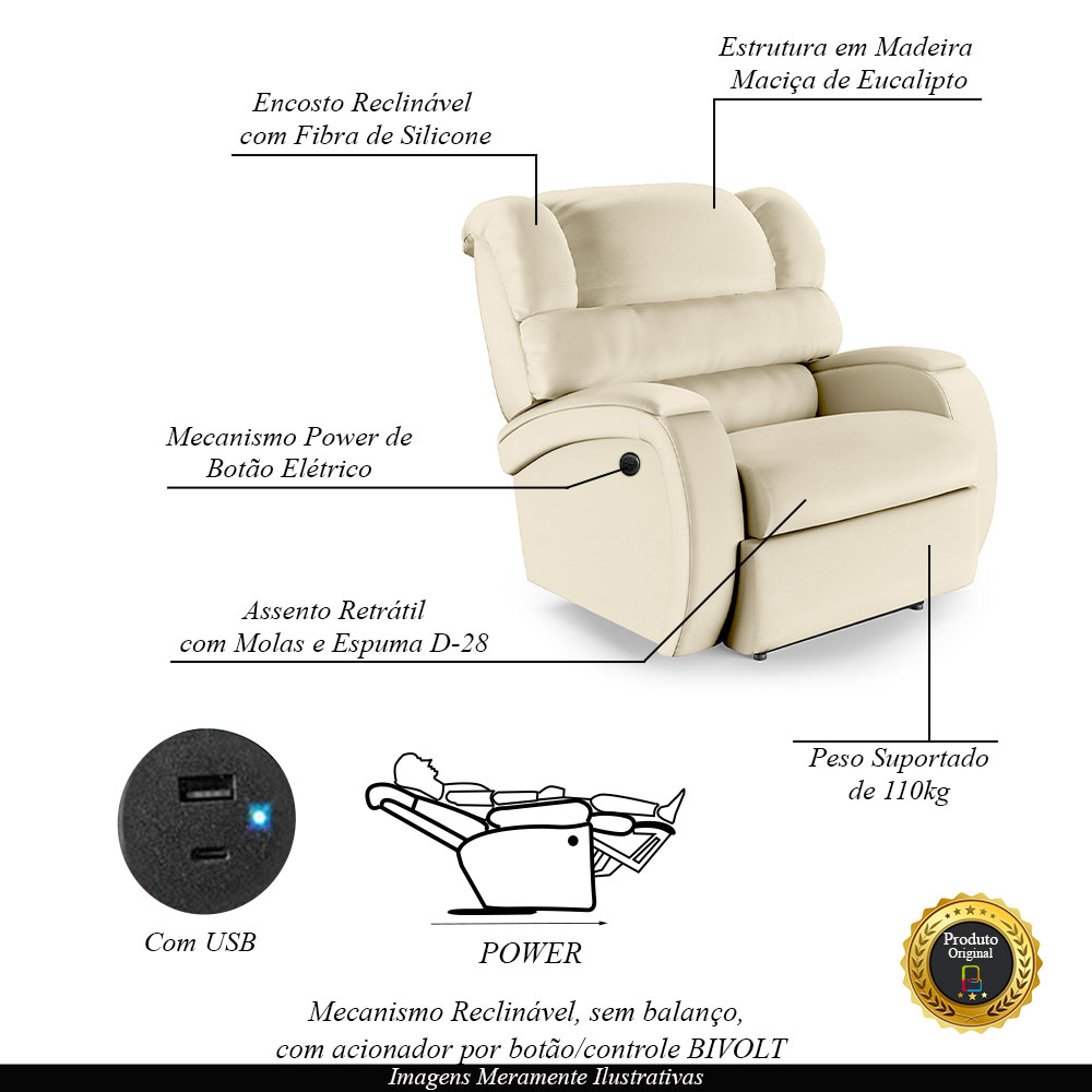 Poltrona do Papai Sala de Cinema Reclinável Kylie Power Elétrica USB PU Bege G23