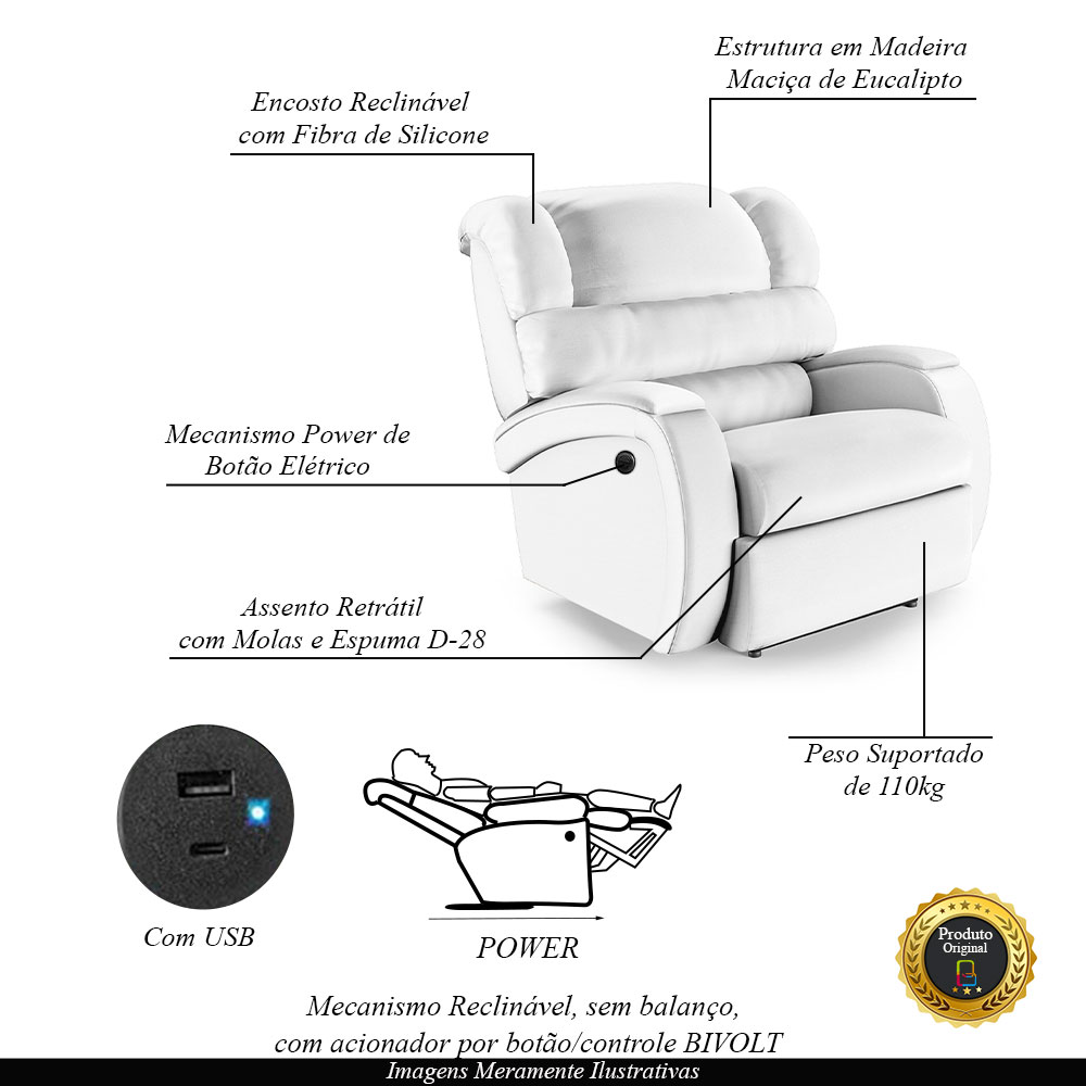 Poltrona do Papai Sala de Cinema Reclinável Kylie Power Elétrica USB PU Branco G23