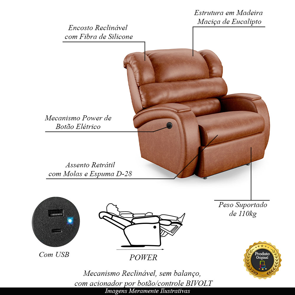 Poltrona do Papai Sala de Cinema Reclinável Kylie Power Elétrica USB PU Caramelo Brilho G23