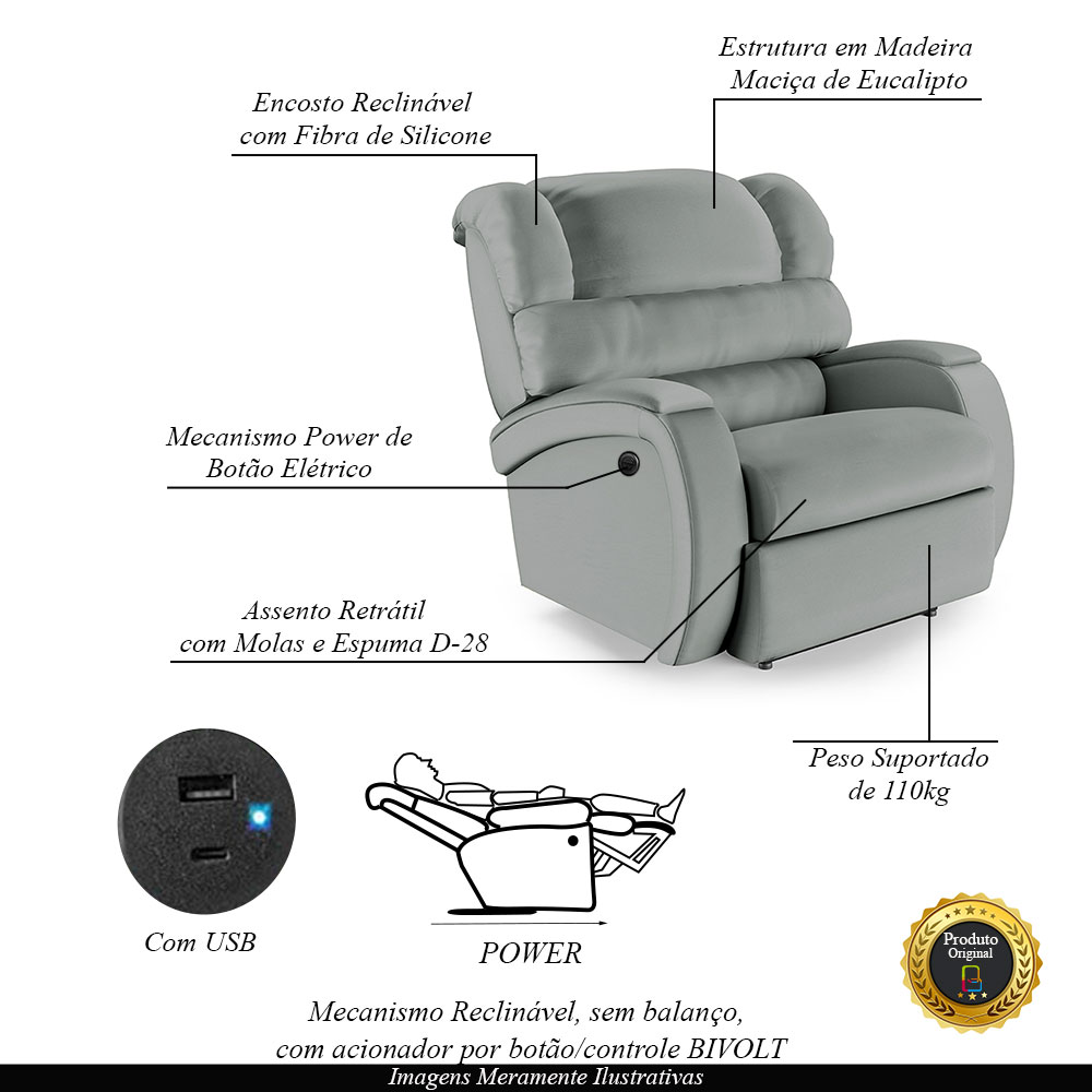 Poltrona do Papai Sala de Cinema Reclinável Kylie Power Elétrica USB PU Cinza G23