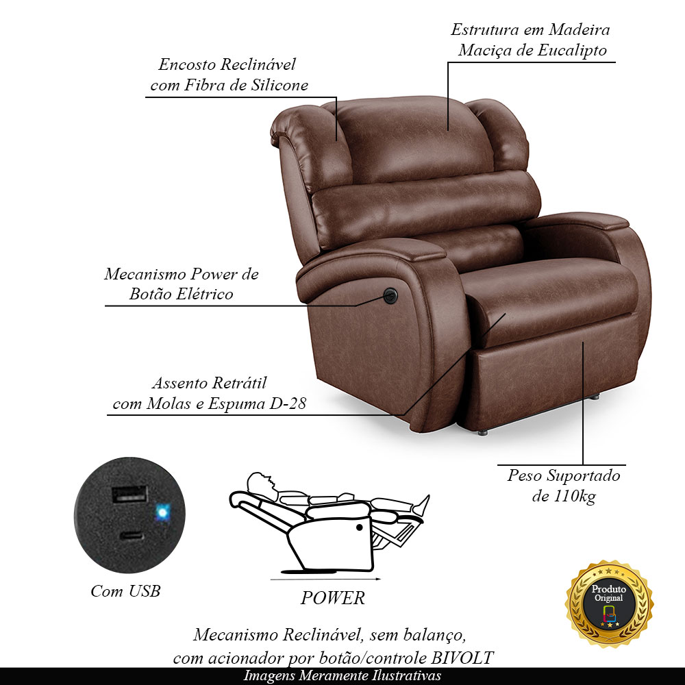 Poltrona do Papai Sala de Cinema Reclinável Kylie Power Elétrica USB PU Marrom Brilho G23
