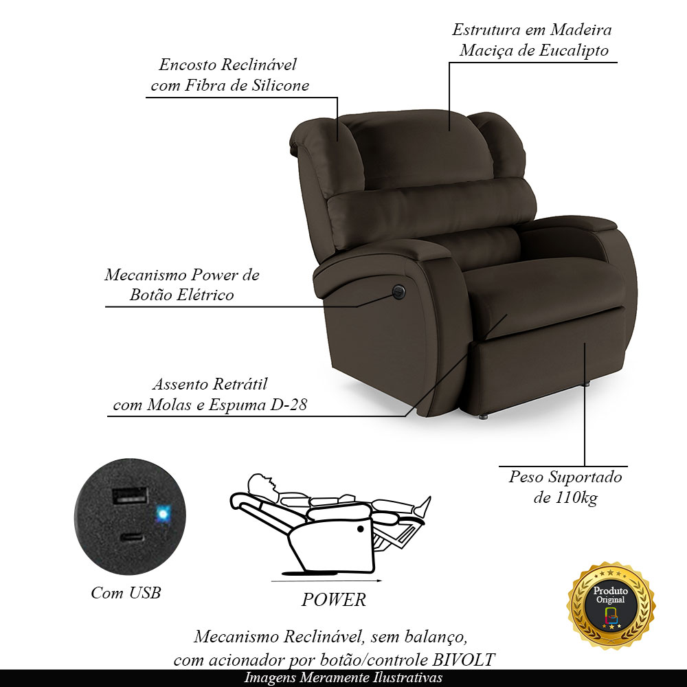 Poltrona do Papai Sala de Cinema Reclinável Kylie Power Elétrica USB PU Marrom G23