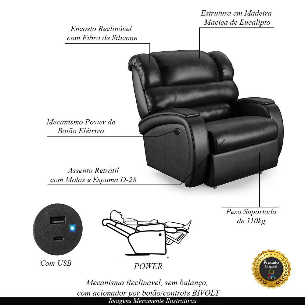 Poltrona do Papai Sala de Cinema Reclinável Kylie Power Elétrica USB PU Preto Brilho G23