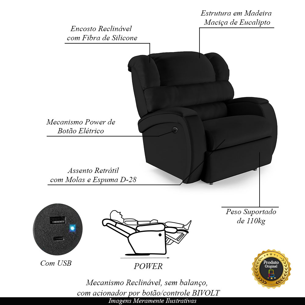 Poltrona do Papai Sala de Cinema Reclinável Kylie Power Elétrica USB PU Preto G23