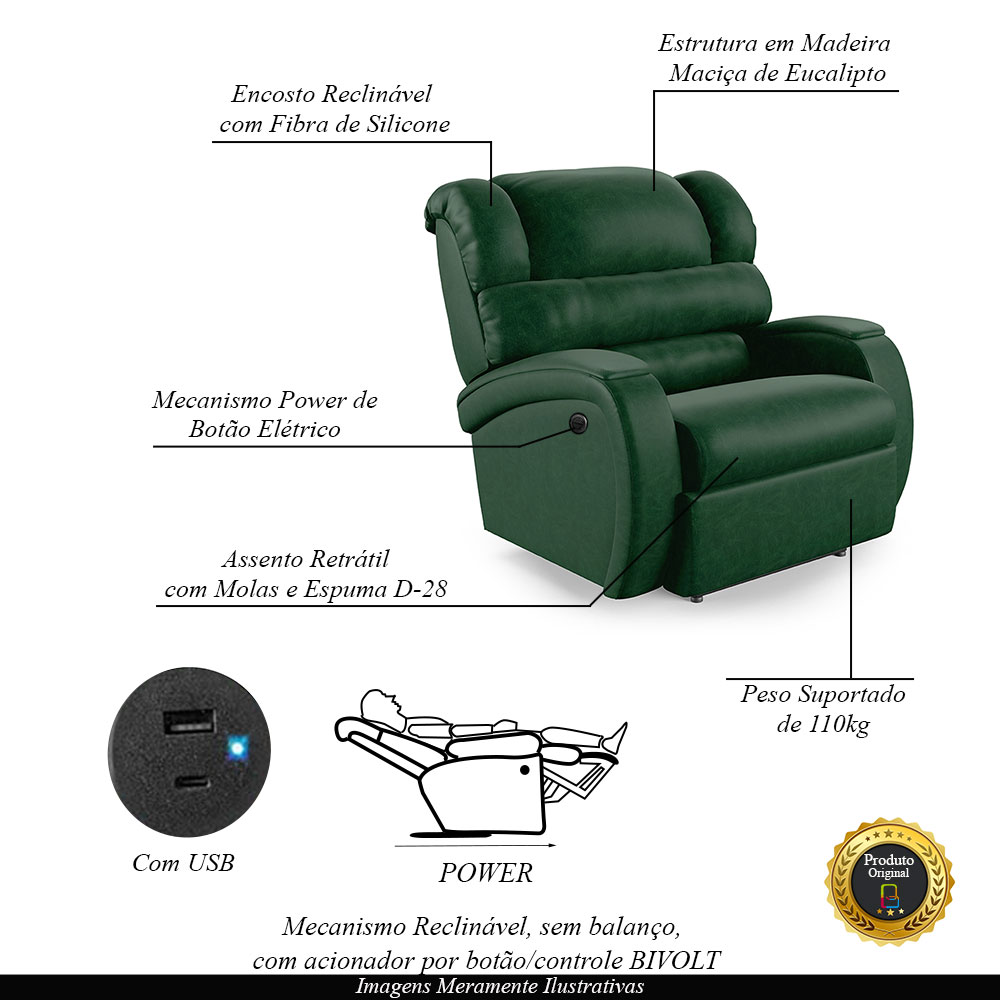 Poltrona do Papai Sala de Cinema Reclinável Kylie Power Elétrica USB PU Verde Musgo G23
