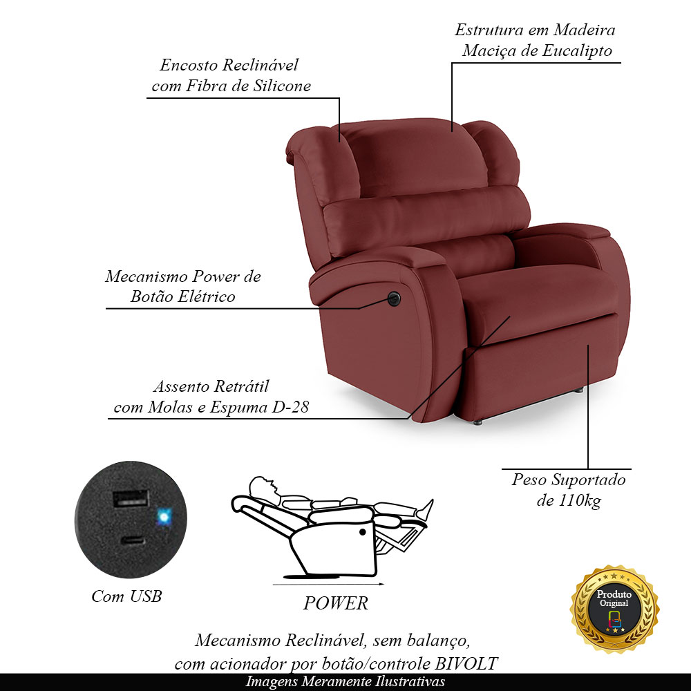 Poltrona do Papai Sala de Cinema Reclinável Kylie Power Elétrica USB PU Vermelho G23