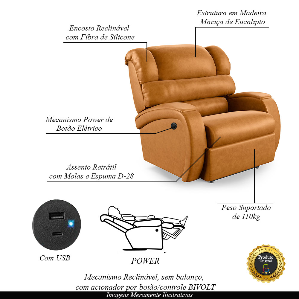 Poltrona do Papai Sala de Cinema Reclinável Kylie Power Elétrica USB PU Whisky G23