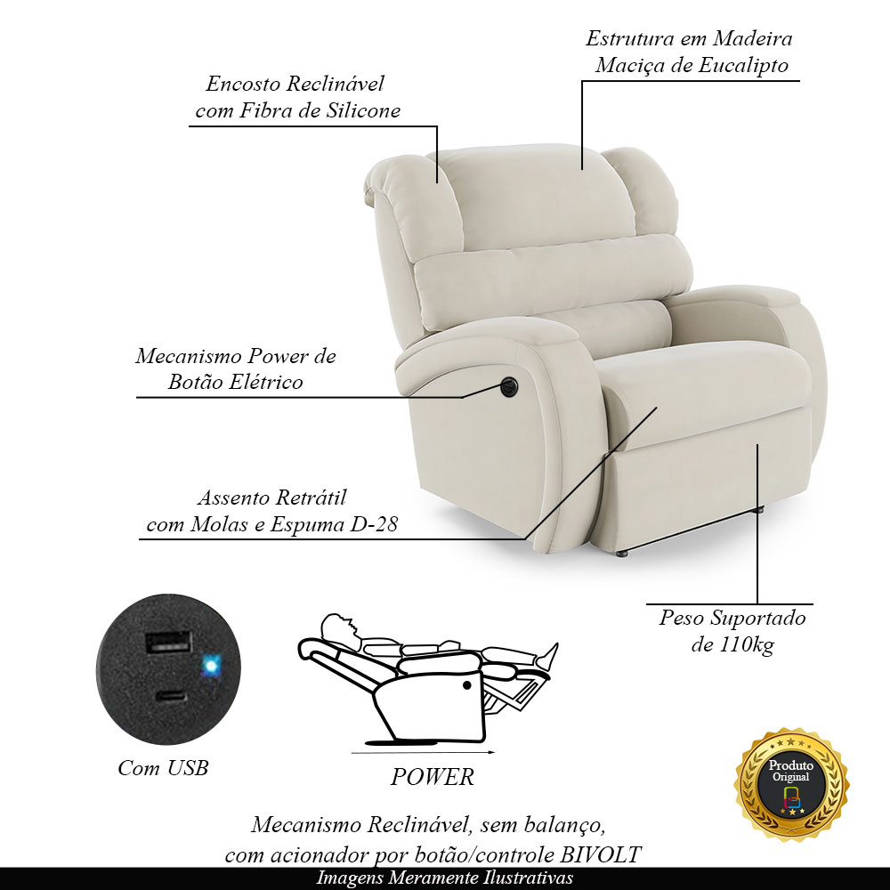 Poltrona do Papai Sala de Cinema Reclinável Kylie Power Elétrica USB Veludo Bege G23