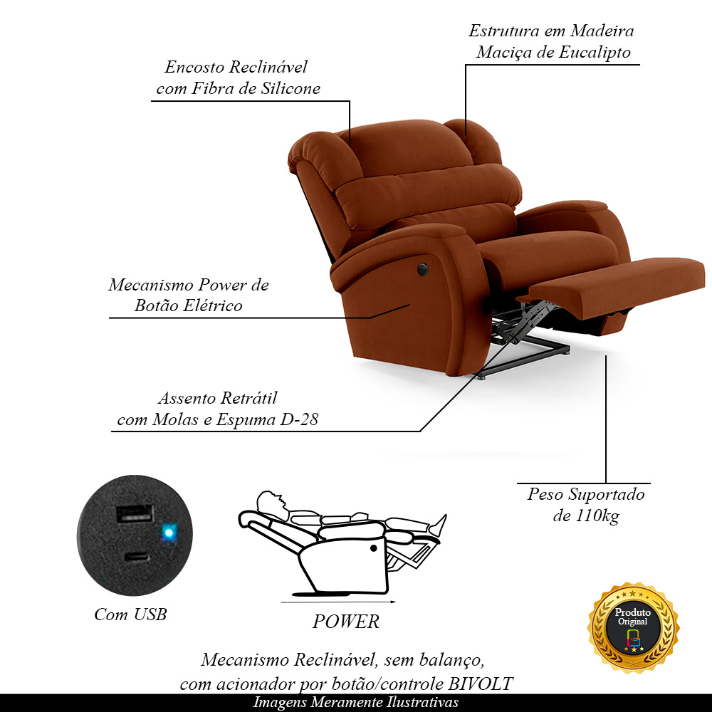 Poltrona do Papai Sala de Cinema Reclinável Kylie Power Elétrica USB Veludo Terracota G23
