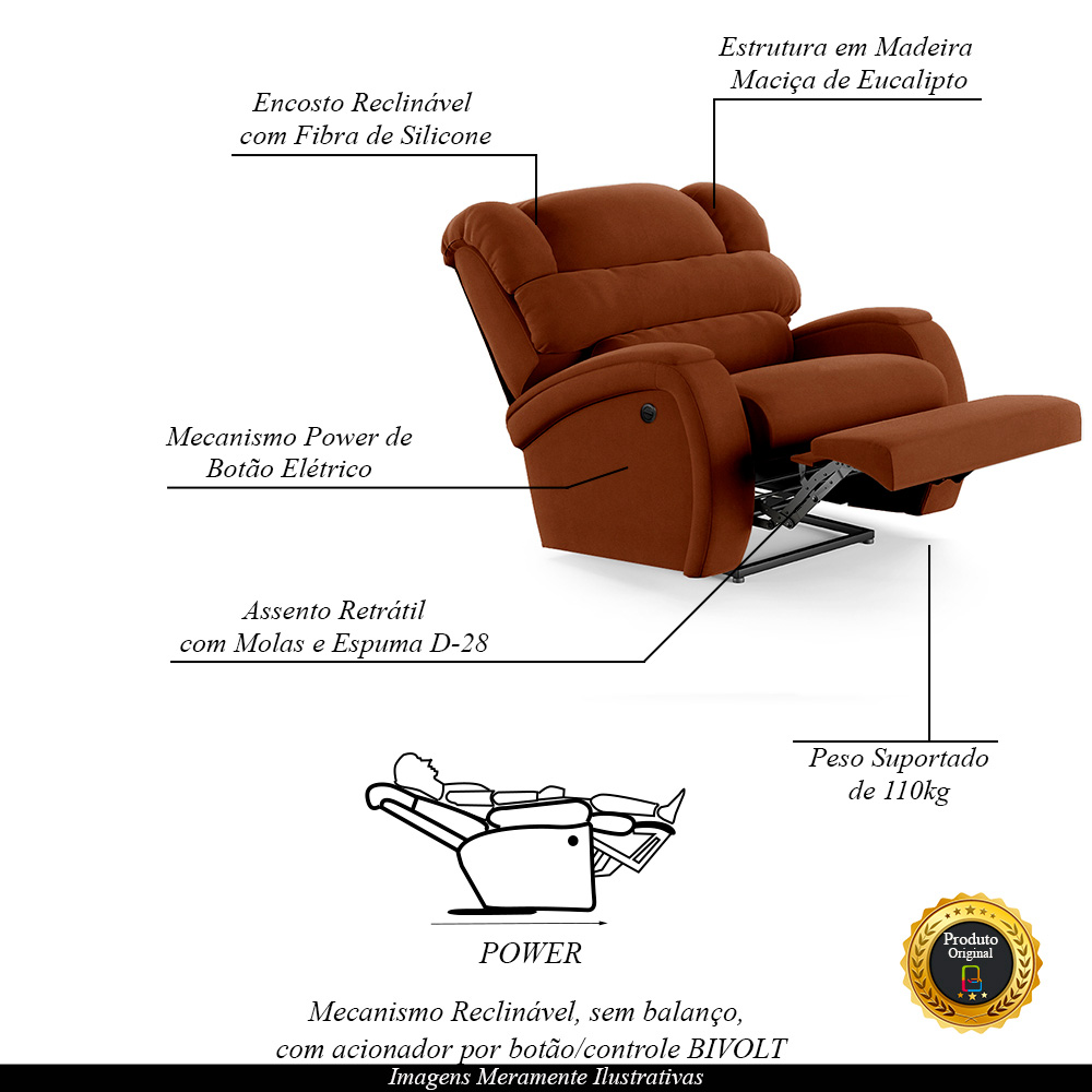 Poltrona do Papai Sala de Cinema Reclinável Kylie Power Elétrica Veludo Terracota G23