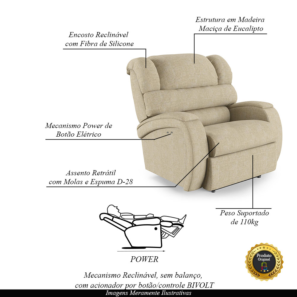 Poltrona do Papai Sala de Cinema Reclinável Kylie Power Touch Linho Bege G23