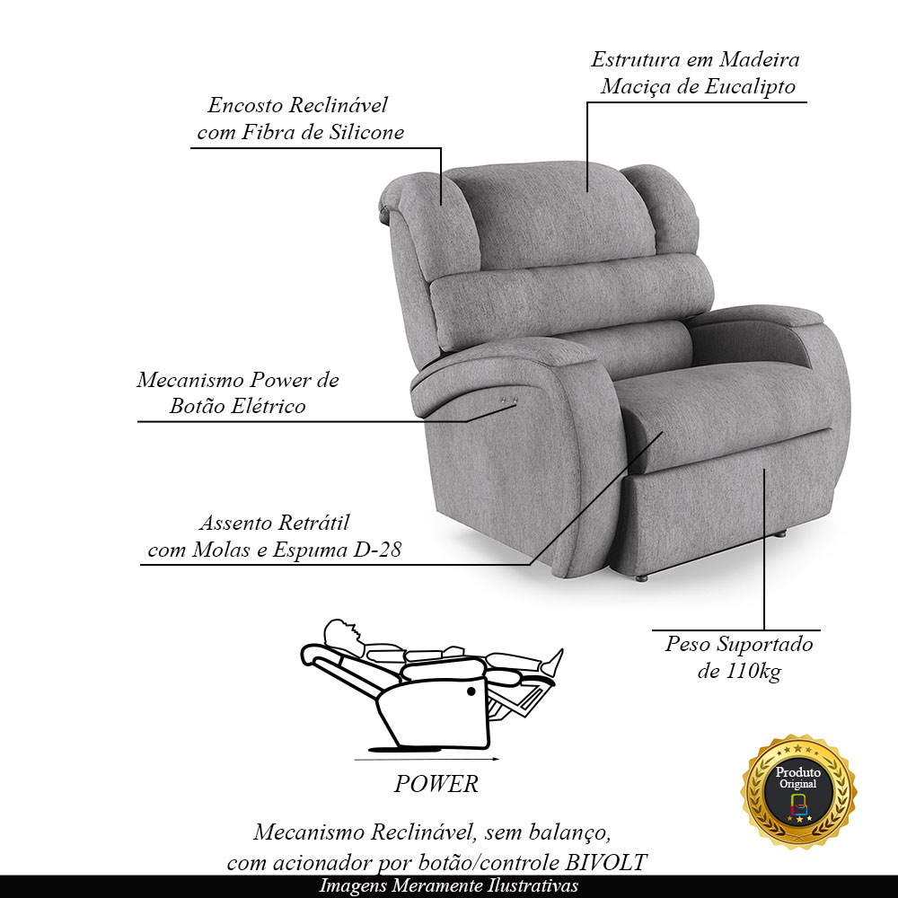 Poltrona do Papai Sala de Cinema Reclinável Kylie Power Touch Linho Cinza G23