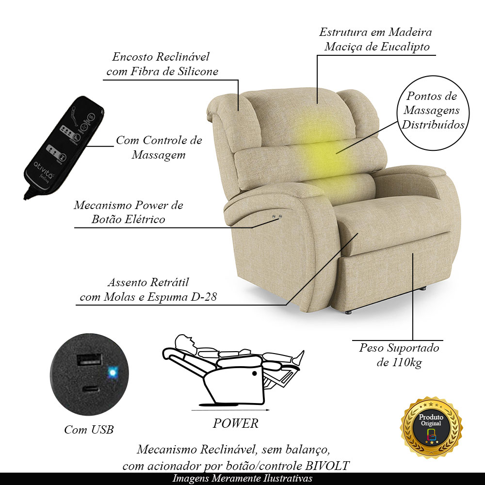 Poltrona do Papai Sala de Cinema Reclinável Kylie Power Touch Massagem USB Linho Bege G23