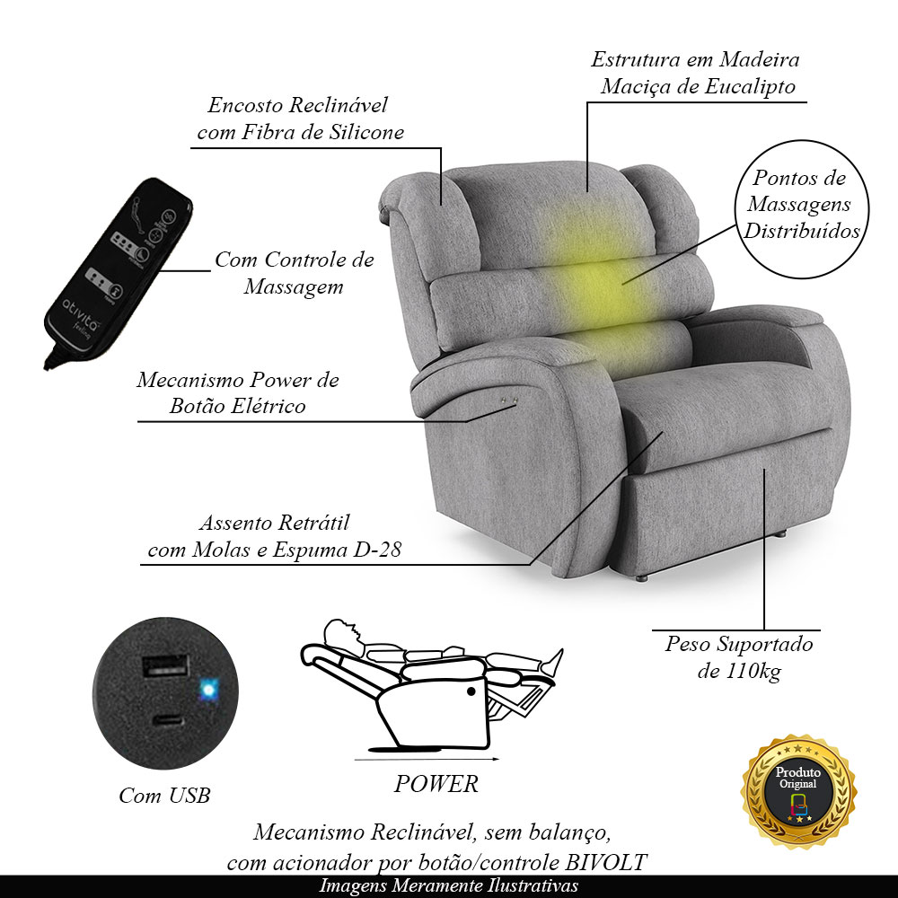 Poltrona do Papai Sala de Cinema Reclinável Kylie Power Touch Massagem USB Linho Cinza G23