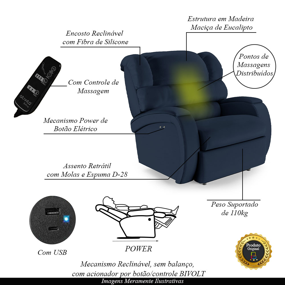 Poltrona do Papai Sala de Cinema Reclinável Kylie Power Touch Massagem USB PU Azul G23