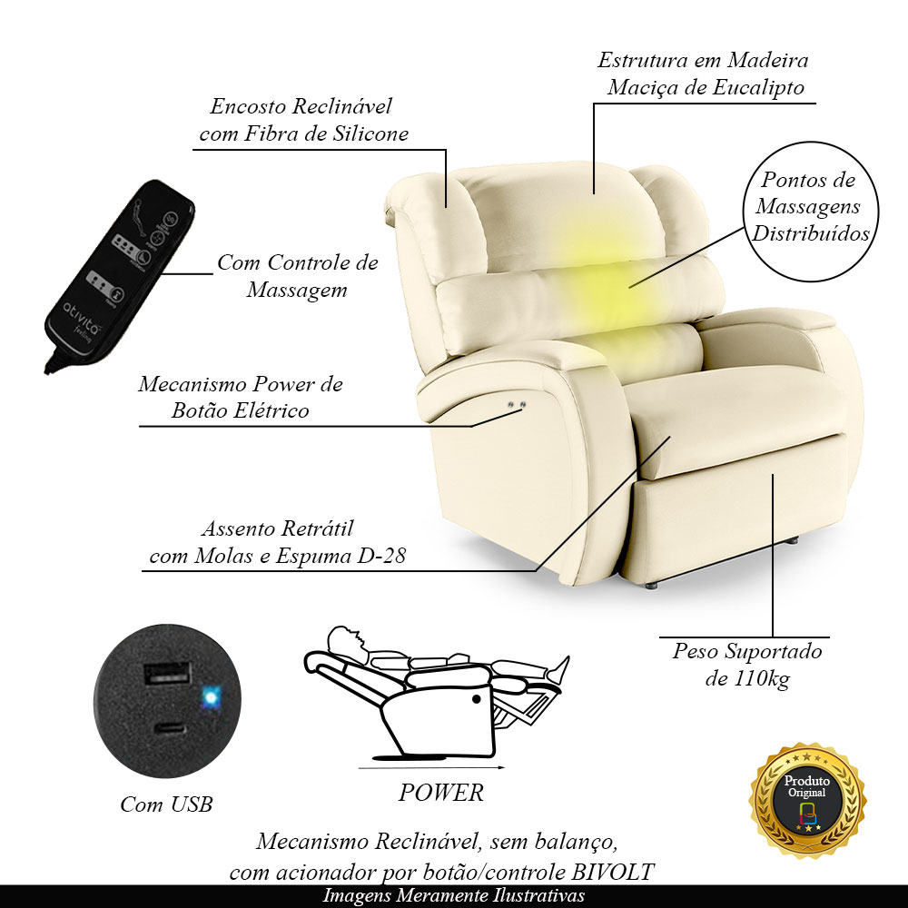 Poltrona do Papai Sala de Cinema Reclinável Kylie Power Touch Massagem USB PU Bege G23