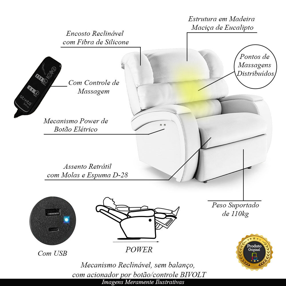 Poltrona do Papai Sala de Cinema Reclinável Kylie Power Touch Massagem USB PU Branco G23