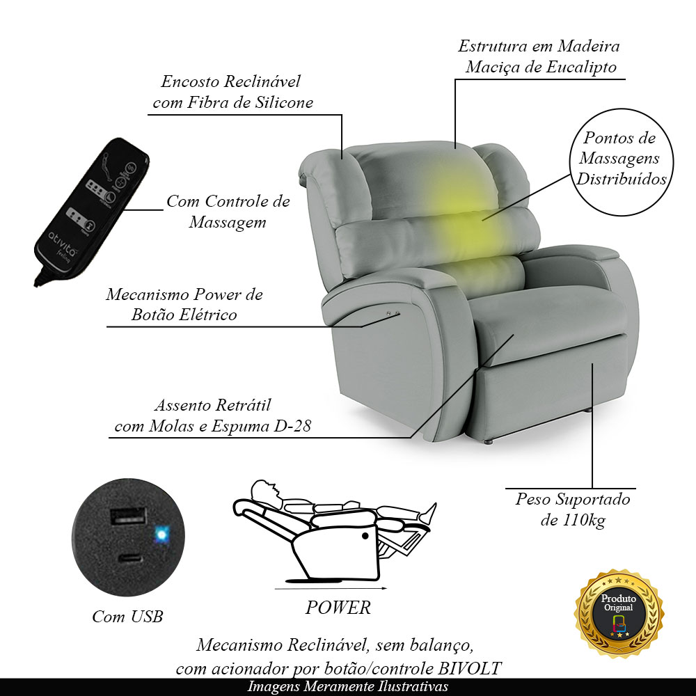 Poltrona do Papai Sala de Cinema Reclinável Kylie Power Touch Massagem USB PU Cinza G23
