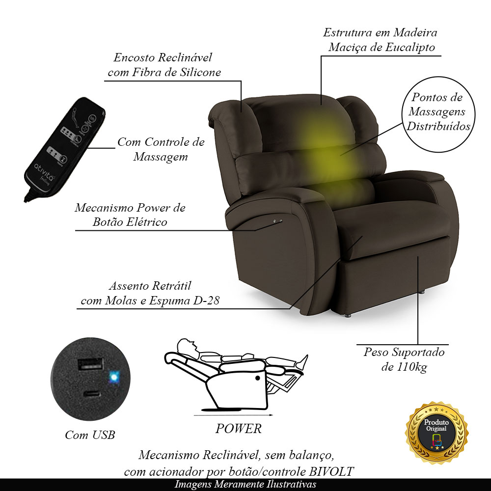 Poltrona do Papai Sala de Cinema Reclinável Kylie Power Touch Massagem USB PU Marrom G23