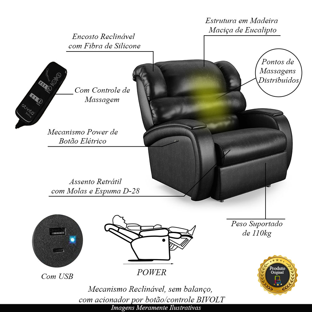 Poltrona do Papai Sala de Cinema Reclinável Kylie Power Touch Massagem USB PU Preto Brilho G23