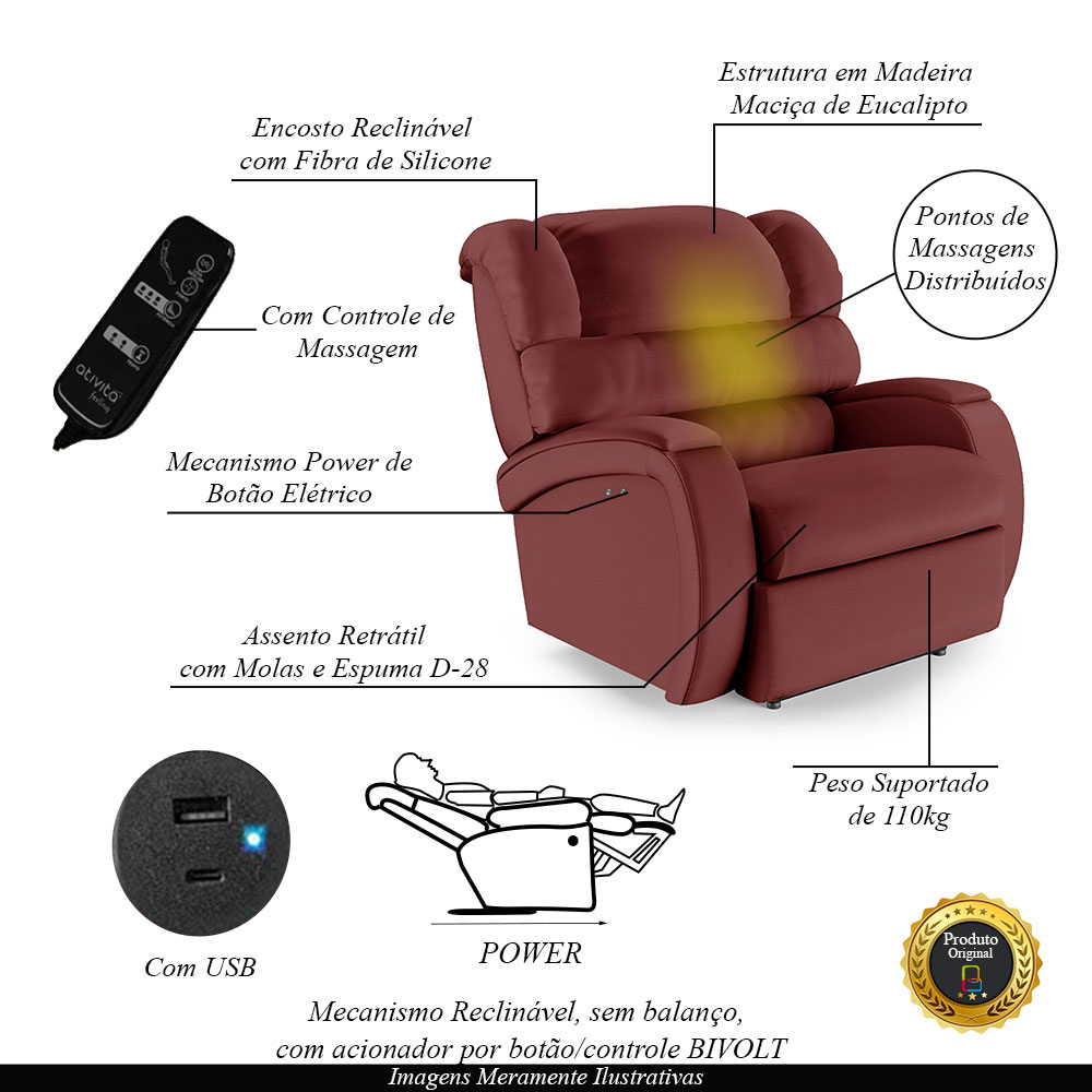 Poltrona do Papai Sala de Cinema Reclinável Kylie Power Touch Massagem USB PU Vermelho G23