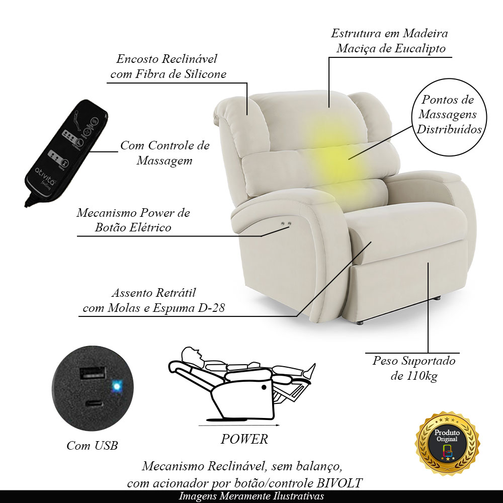 Poltrona do Papai Sala de Cinema Reclinável Kylie Power Touch Massagem USB Veludo Bege G23