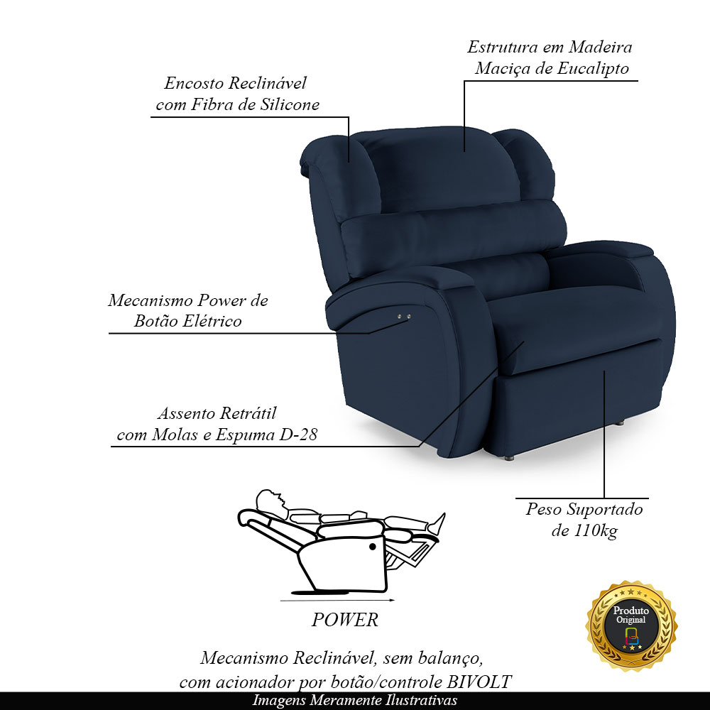 Poltrona do Papai Sala de Cinema Reclinável Kylie Power Touch PU Azul G23