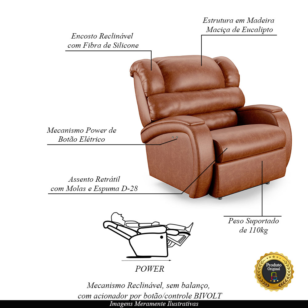 Poltrona do Papai Sala de Cinema Reclinável Kylie Power Touch PU Caramelo Brilho G23