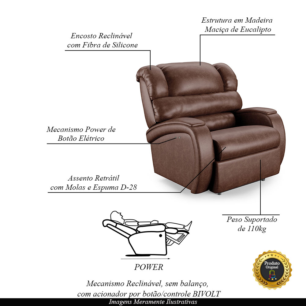 Poltrona do Papai Sala de Cinema Reclinável Kylie Power Touch PU Marrom Brilho G23