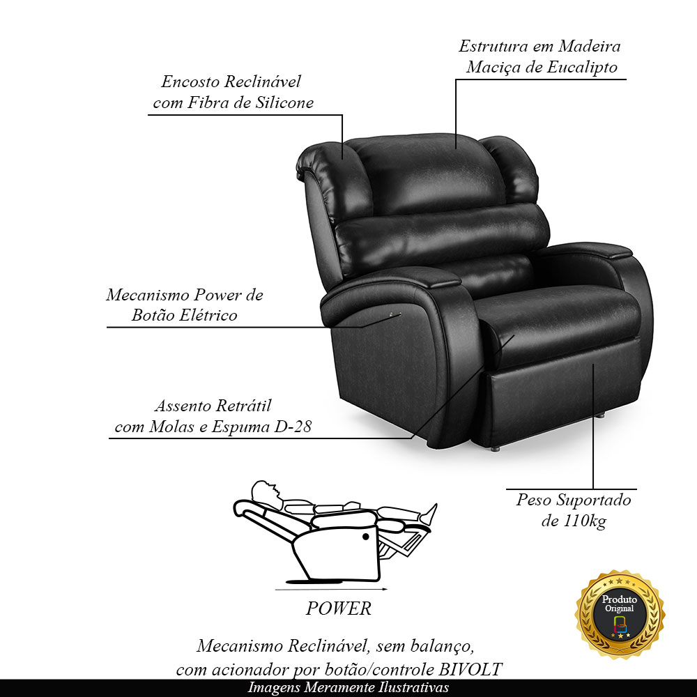 Poltrona do Papai Sala de Cinema Reclinável Kylie Power Touch PU Preto Brilho G23