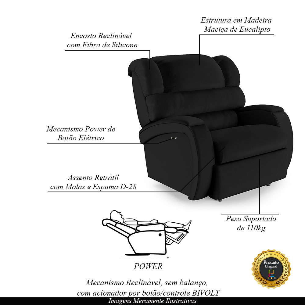 Poltrona do Papai Sala de Cinema Reclinável Kylie Power Touch PU Preto G23