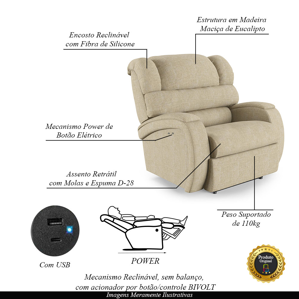 Poltrona do Papai Sala de Cinema Reclinável Kylie Power Touch USB Linho Bege G23