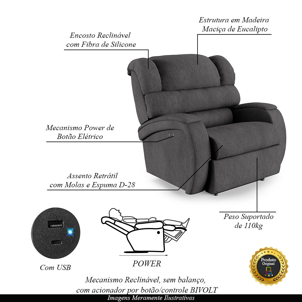 Poltrona do Papai Sala de Cinema Reclinável Kylie Power Touch USB Linho Chumbo G23
