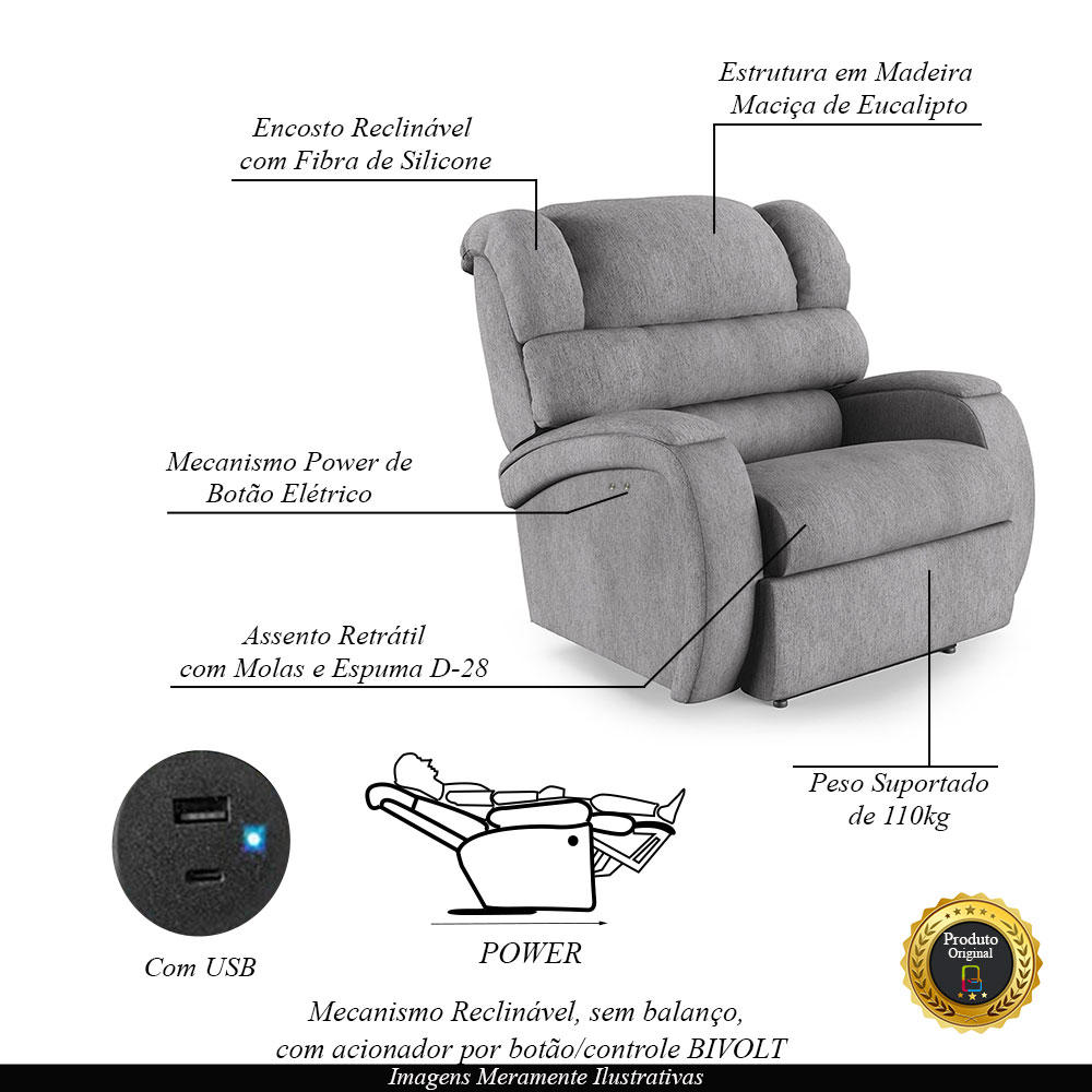 Poltrona do Papai Sala de Cinema Reclinável Kylie Power Touch USB Linho Cinza G23
