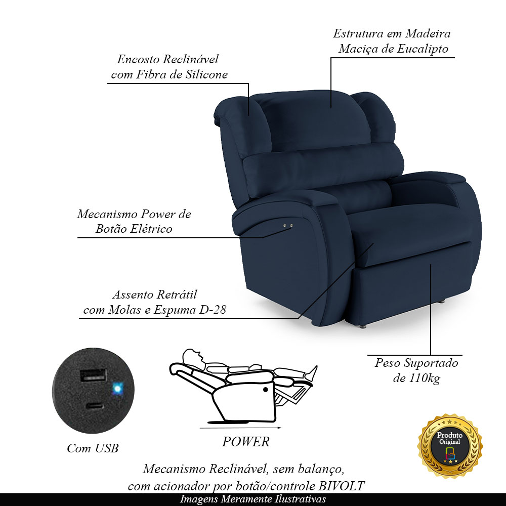 Poltrona do Papai Sala de Cinema Reclinável Kylie Power Touch USB PU Azul G23