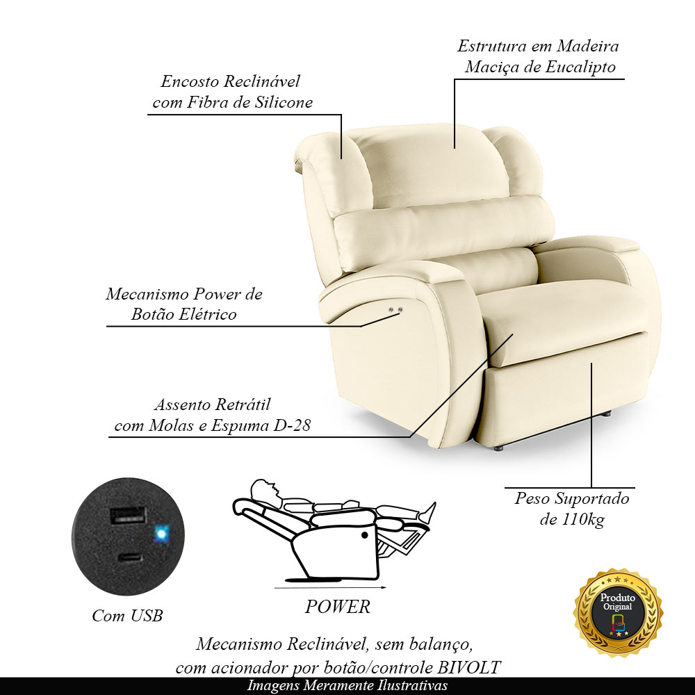Poltrona do Papai Sala de Cinema Reclinável Kylie Power Touch USB PU Bege G23