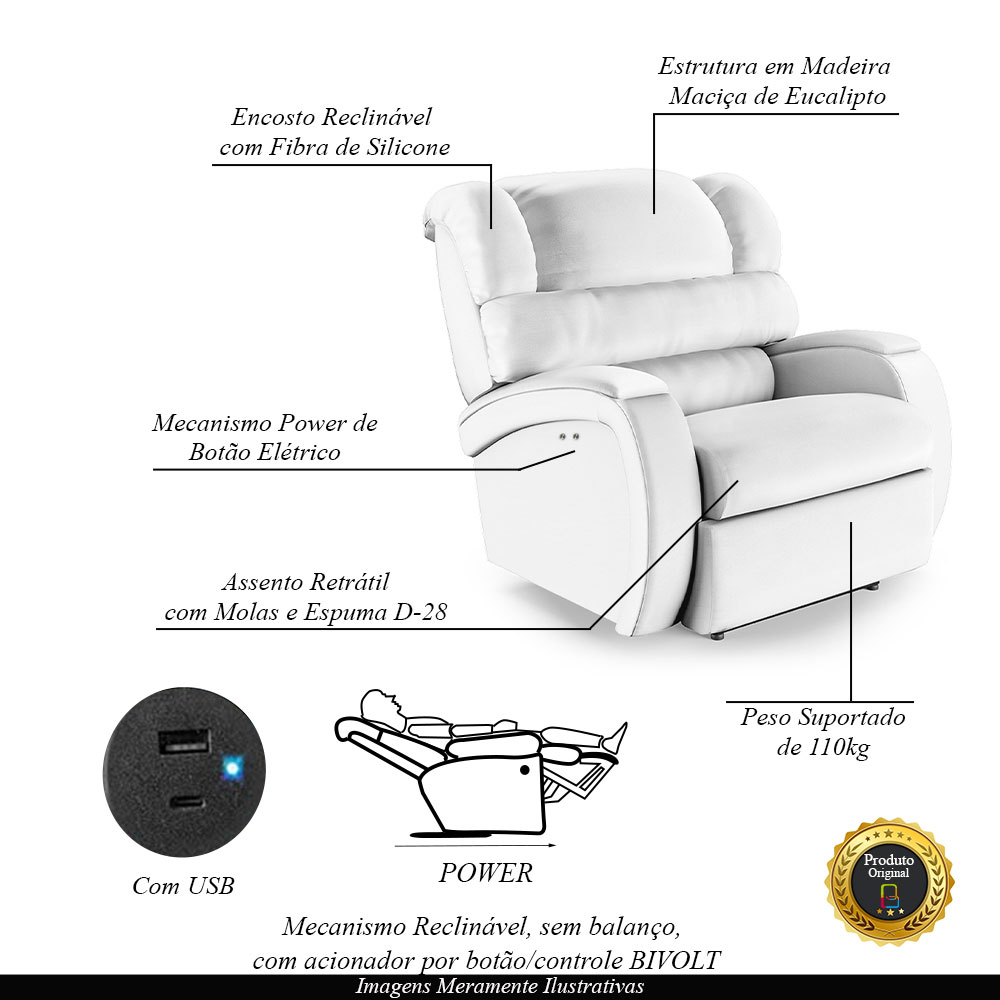Poltrona do Papai Sala de Cinema Reclinável Kylie Power Touch USB PU Branco G23