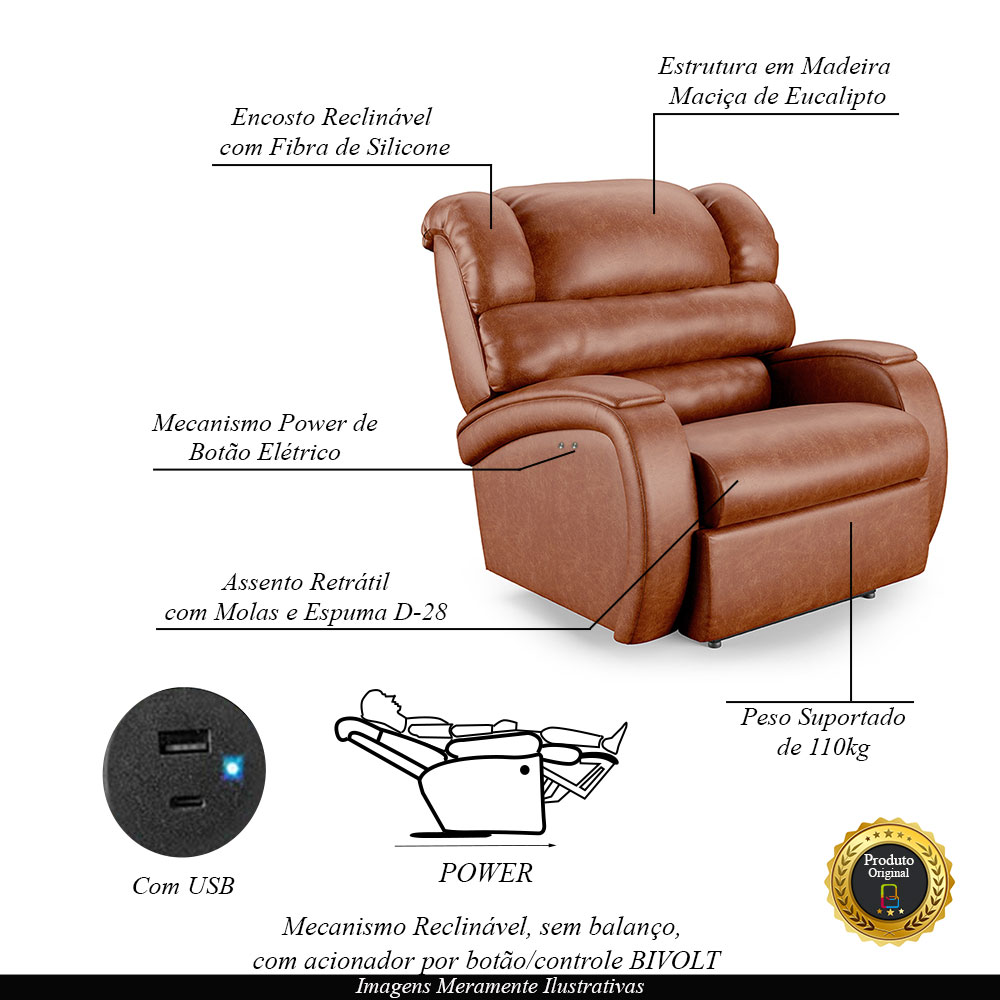 Poltrona do Papai Sala de Cinema Reclinável Kylie Power Touch USB PU Caramelo Brilho G23